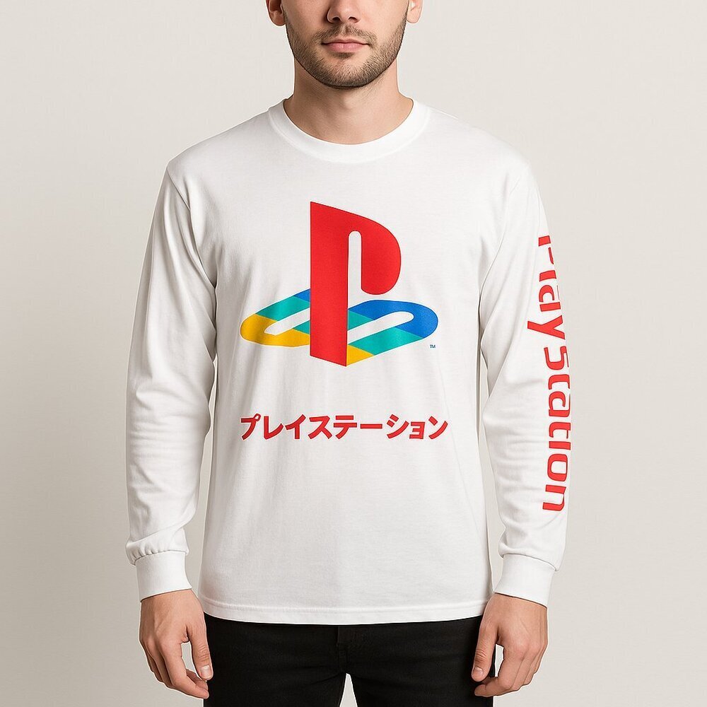 PlayStation Long Sleeve Shirt White Japanese Logo Retro Gamer Streetwear Men's L